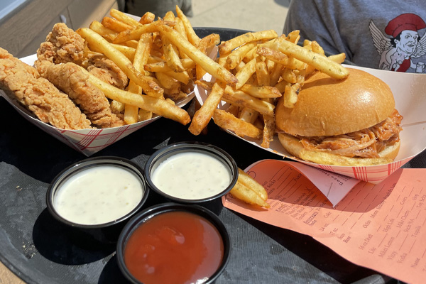 Saz’s Signature Chicken or Braised Pulled Pork Sandwich (with sour cream & chive fries and Kosher pickles)