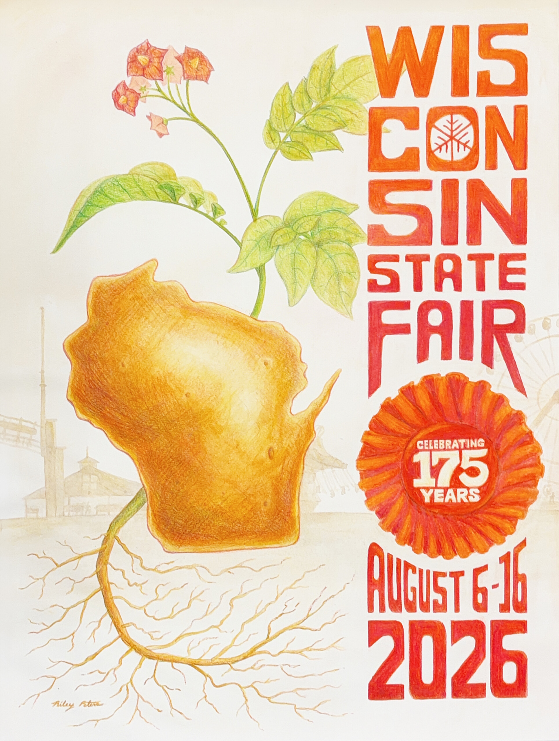 2026 Fairtastic Art Poster - Cheese-colored state of Wisconsin with roots and a plant and a silhouette of State Fair entrance and attractions
