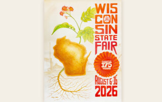 2026 Fairtastic Art Poster - Cheese-colored state of Wisconsin with roots and a plant and a silhouette of State Fair entrance and attractions