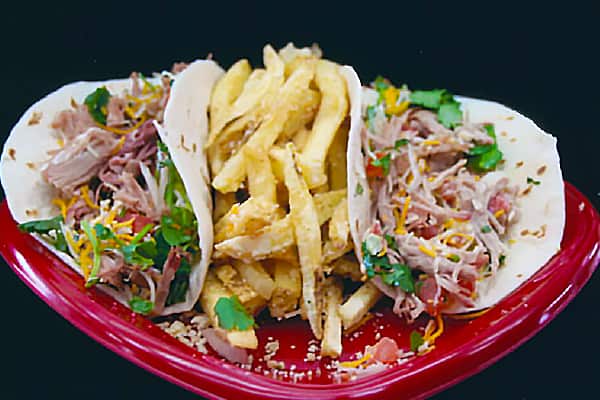 Blue Moon Marinated Pork Tacos with Garlic Fries