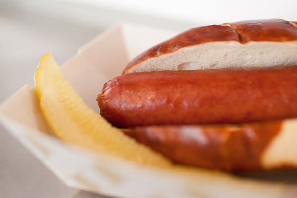 Hot Dog served on a Pretzel Bun