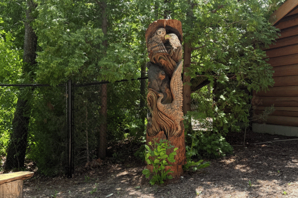 Two birds and a bear carved into a tree stump.