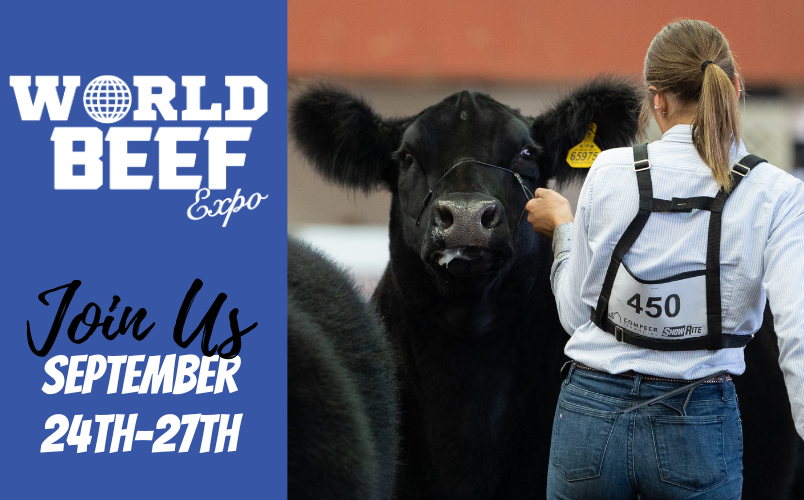 World Beef Expo logo and dates. A black beef cow and girl.