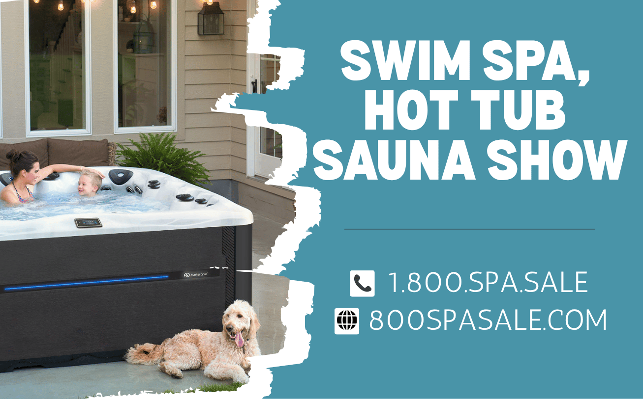 Swim Spa, Hot Tub, Sauna Show. Woman and child in a hot tub with dog sitting outside of it.