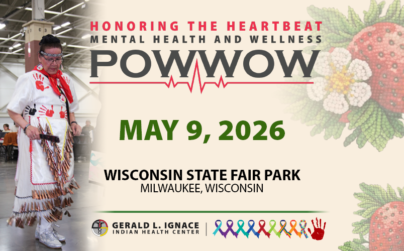 5th Annual Honoring the Heartbeat Mental Health and Wellness Powwow May 9, 2026. Woman dancing on the left and strawberries on the right