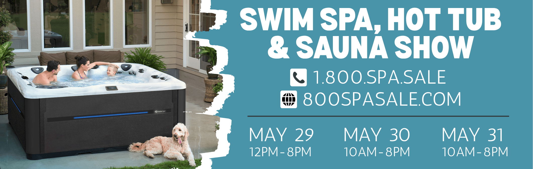 Three people in a hot tub with a dog sitting beside it. Swim Spa Hot Tub Sauna Show. 1.800.spa.sale. 800spasale.com