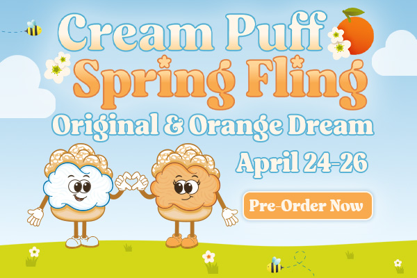 Click to pre-order Original & Orange Dream Cream Puffs - Cream Puff Spring Fling - April 24-26 - two cartoon cream puffs in each flavor making a heart with their hands against a spring background