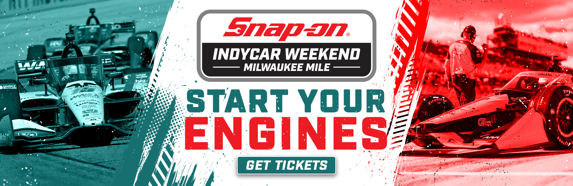 Click for Tickets - Snap-on INDYCAR Weekend at the Milwaukee Mile - Start Your Engines with an image of an INDYCAR race cars