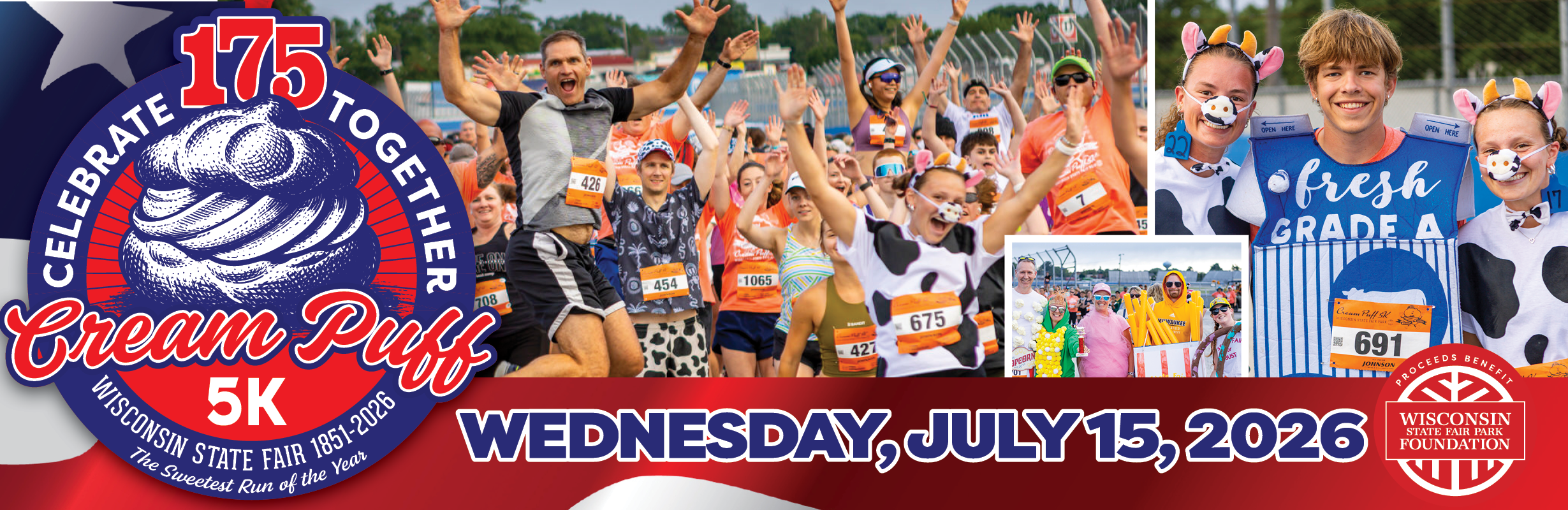 Cream Puff 5K Banner showing participants in Fair-themed attire and athleisure wear - Wednesday, July 15, 2026. Proceeds benefit the Wisconsin State Fair Park Foundation