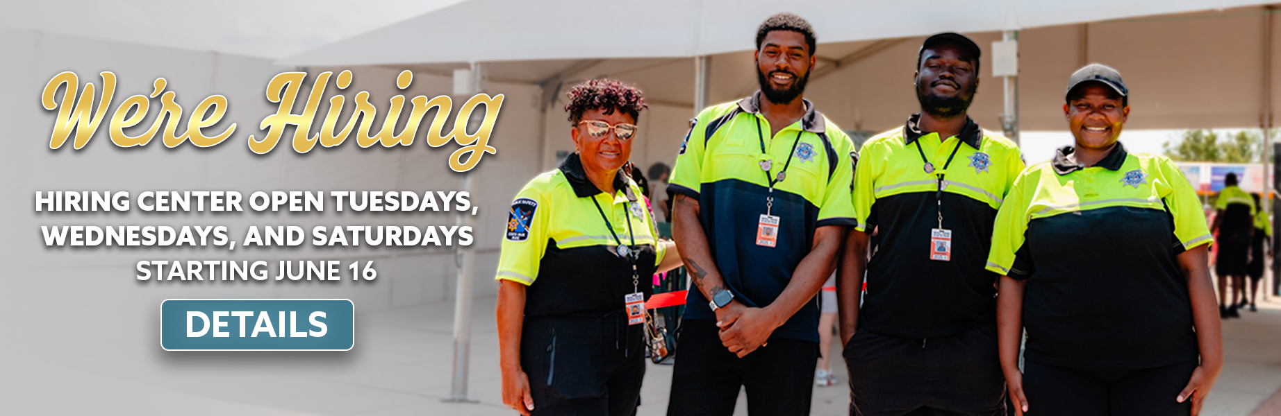 We're Hiring! Hiring Center open starting June 16. Four public safety workers smiling.